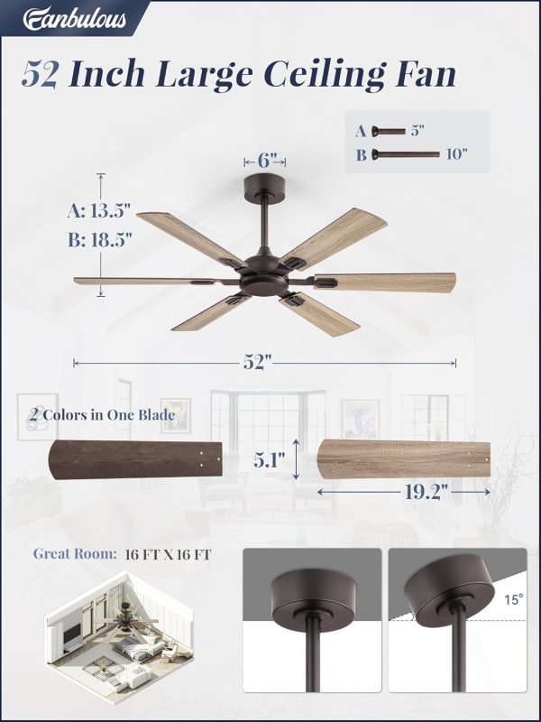 52 Inch Ceiling Fans No Light with Remote, Modern Ceiling Fan Without Light, Dual Finish 6 Blades, Reversible DC Motor, 6 Speed, Large Ceiling Fan for Indoor or Covered Outdoor, Oil Bronze