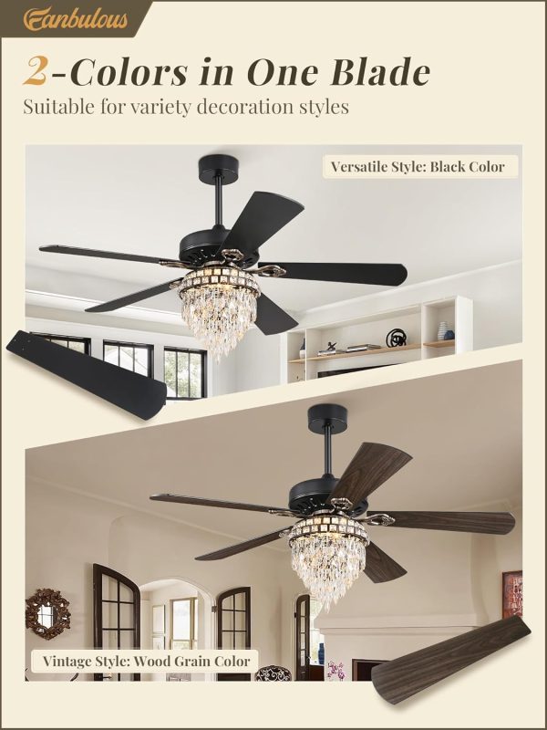 60 Inch Farmhouse Fandelier Ceiling Fans with Light, Crystal Ceiling Fan Chandelier with 6 Speeds, Quiet Reversible Noiseless DC Motor, 3CCT, Indoor Ceiling Fan for Living Room Bedroom
