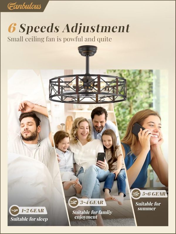 23 Inch Fandelier Caged Ceiling Fans with Lights and Remote, Black Bladeless Ceiling Fan with 6 Speeds and Timing, Farmhouse Samll Fan Lights Ceiling Fixtures For Kitchen, Bedroom-Walnut