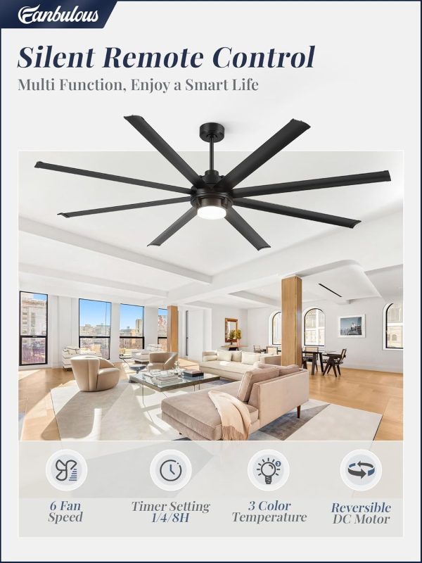 84 inch Large Ceiling Fan Outdoor Industrial Ceiling Fan with Light and Remote, 6-Speed, 3CCT, 8 Aluminum Blades, Modern Black Big Assed Ceiling Fans for Patios Garage Shop Porch Indoor