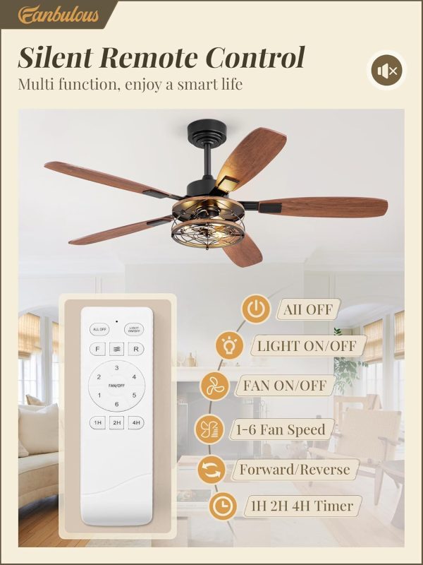 52 Inch Farmhouse Ceiling Fan with Light and Remote, Black Industrial Caged Flush Mount Ceiling Fans with 6 Speed Reversible Motor and Dual Finish 5 Blades, Rustic Ceiling Fan for Living room, Bedroom