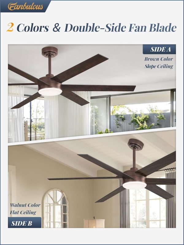 60 Inch Ceiling Fans with Lights and Remote, Reversible 6 Blades, Dimmable, 3000K-6000K Adjustable, Outdoor Ceiling Fans for Patios, Large Ceiling Fan for Indoor or Covered Outdoor, Brown