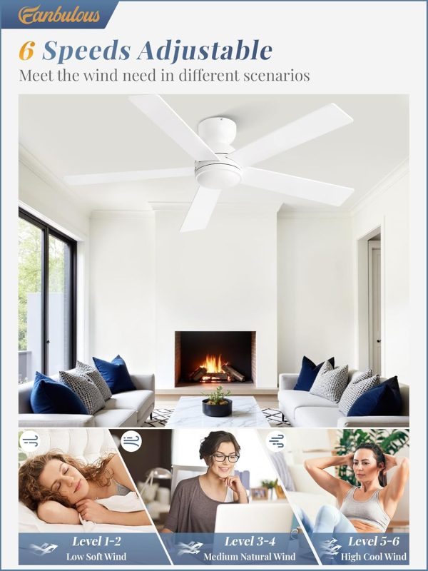 48 Inch Flush Mount Ceiling Fan without lights, White Ceiling Fan with Remote, 6-Speeds, Quiet Reversible DC Motor, Indoor/Outdoor Ceiling Fans for Living Room, Bedroom, Patio