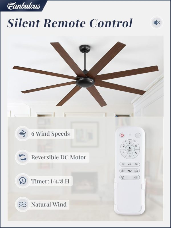 72 Inch Ceiling Fans No Light with Remote, Black Indoor/Outdoor Ceiling Fan Without Light with Quiet Reversible DC Motor, 6 Speeds, 8 Blades Large Ceiling Fan for Living Room Bedroom Patio
