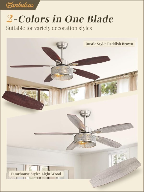 Farmhouse Brushed Nickel Ceiling Fans with Lights and Remote, 52 Inch Bedroom Caged Ceiling Fans for Living Room Kitchen6 Speed Reversible Quiet DC Motor, Dual Finish 5 Blades