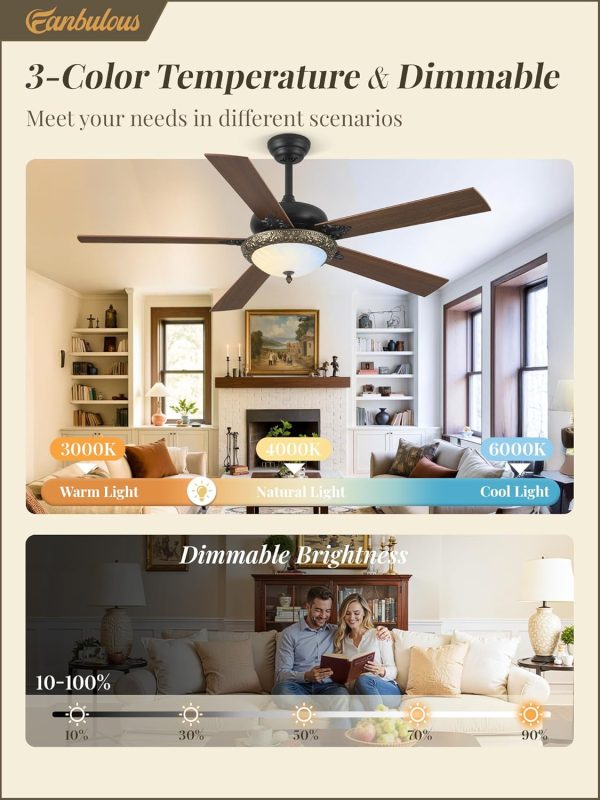 Ceiling Fans with Lights, Rustic Ceiling Fan with Dimmable LED Light, Remote/APP Control,5 Dual Finish Blades,6-Speeds Traditional Ceiling Fan for Bedroom, Living Room,Indoor & Outdoor