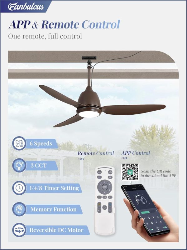 42 In Outdoor Ceiling Fan with Light, Plug-in Ceiling Fans with Waterproof IP65, Smart APP Remote Control, 6-Speed DC Motor, Dimmable 3CCT, Hanging Fans with Cord for Gazebo Patio Porch (Bronze)