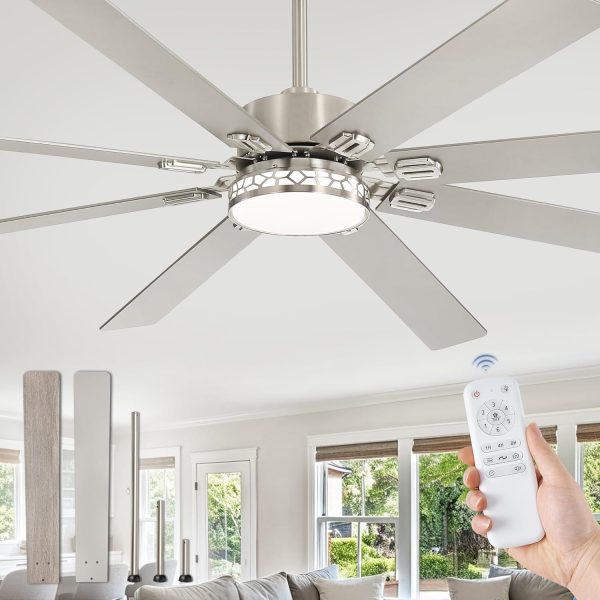 72 Inch Large Ceiling Fans with Lights, Farmhouse Ceiling Fan with Light and Remote, Dual Finish 8 Blades, Reversible DC Motor, 3CCT, 6 Speed, Modern Ceiling Fan for Living Room, Nickel