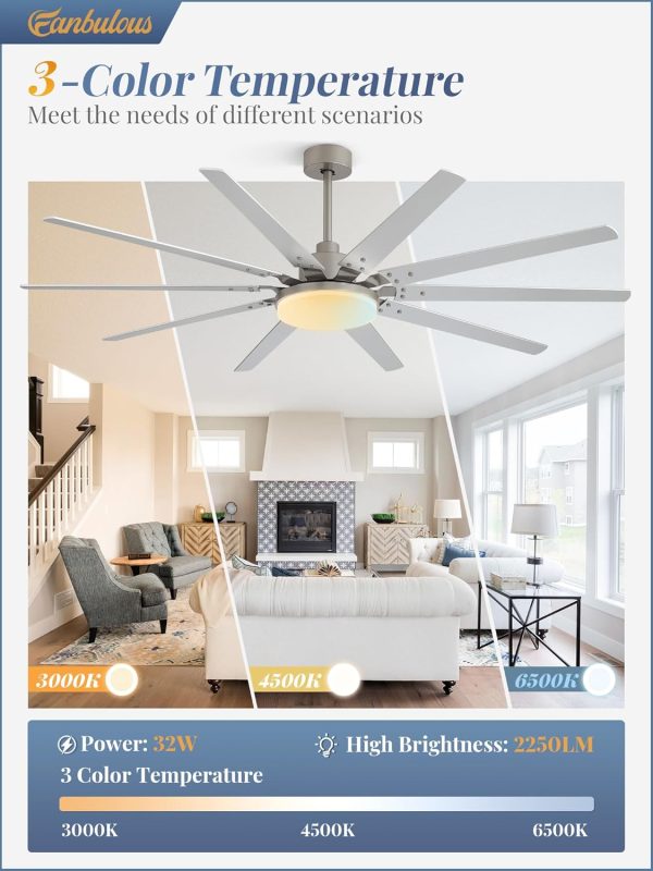 72 inch Large Brushed Nickel Modern Ceiling Fans with Lights and Remote, Indoor/Outdoor Ceiling Fan with 10 Blades, 32W LED light 3 CCT, 6 Speed Reversible Quiet DC Motor, Dual Finish Blades