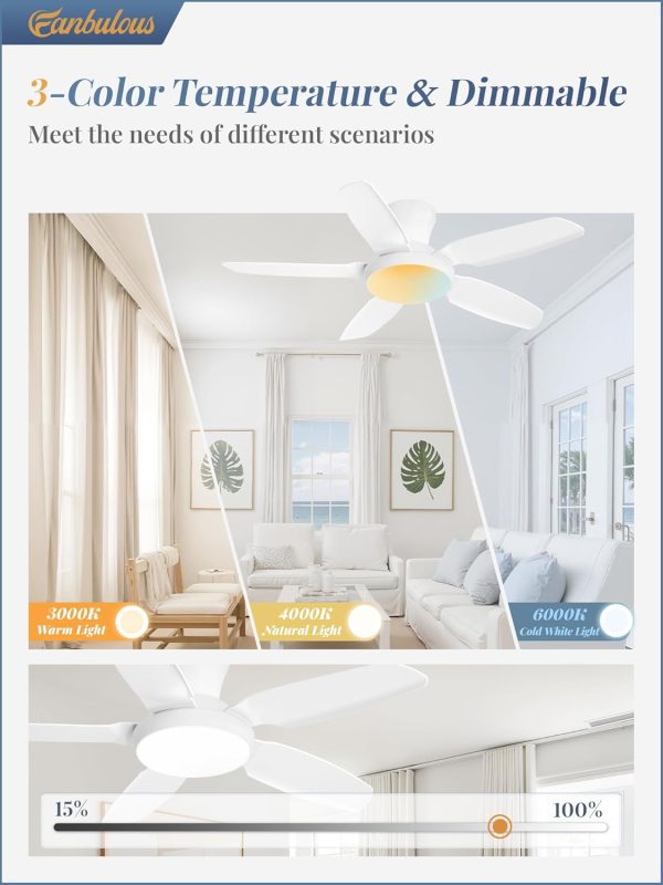 Ceiling Fans with Lights, 42 inch Low Profile Flush Mount Ceiling Fan with Remote/APP Control,Black Modern Ceiling Fan with LED Light for Bedroom Indoor Outdoor-LED Dimmable, 3CCT, 6 Speeds