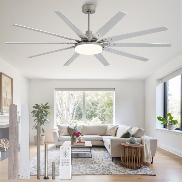 72 inch Large Brushed Nickel Modern Ceiling Fans with Lights and Remote, Indoor/Outdoor Ceiling Fan with 10 Blades, 32W LED light 3 CCT, 6 Speed Reversible Quiet DC Motor, Dual Finish Blades