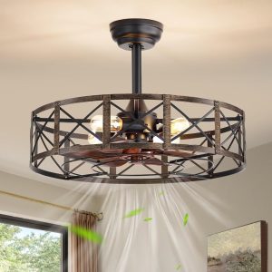 23 Inch Fandelier Caged Ceiling Fans with Lights and Remote, Black Farmhouse Ceiling Fan, Bladeless Samll Fan Lights Ceiling Fixtures for Kitchen, Bedroom-Black and Gold