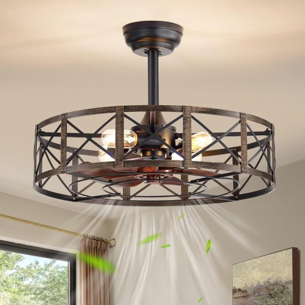 23 Inch Fandelier Caged Ceiling Fans with Lights and Remote, Black Farmhouse Ceiling Fan, Bladeless Samll Fan Lights Ceiling Fixtures for Kitchen, Bedroom-Black and Gold