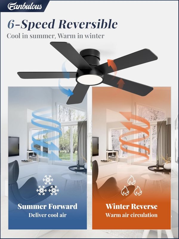 42 Inch Modern Low Profile Ceiling Fan and 72 Inch Large Ceiling Fans with Lights, 3CCT, 6-Speeds, Quiet DC Motor, Black Modern Ceiling Fan for Bedroom Living Room Kitchen Patio