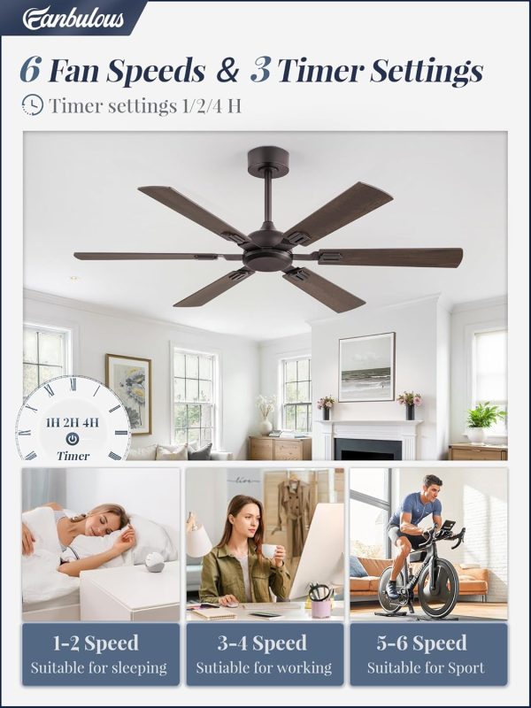 52 Inch Ceiling Fans No Light with Remote, Modern Ceiling Fan Without Light, Dual Finish 6 Blades, Reversible DC Motor, 6 Speed, Large Ceiling Fan for Indoor or Covered Outdoor, Oil Bronze