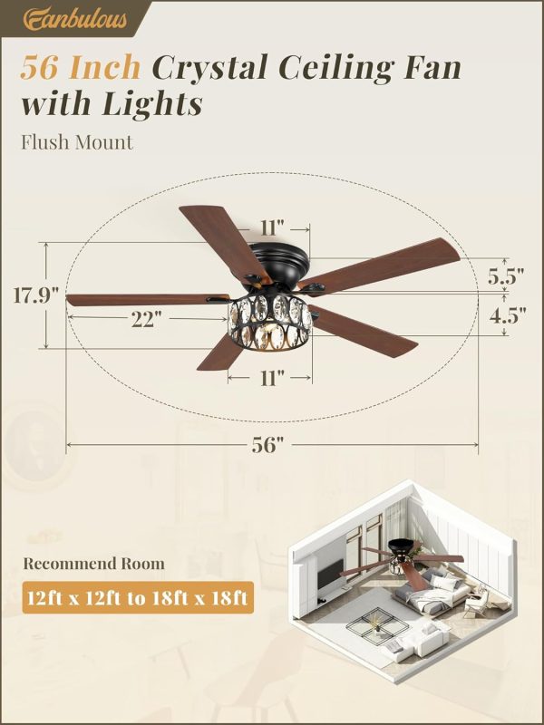 56 Inch Chandelier Ceiling Fans with Lights and Remote, Flush Mount Crystal Ceiling Fan with 6-Speeds, Quiet Reversible DC Motor, Farmhouse Ceiling Fan for Bedroom, Living Room, Dining Room