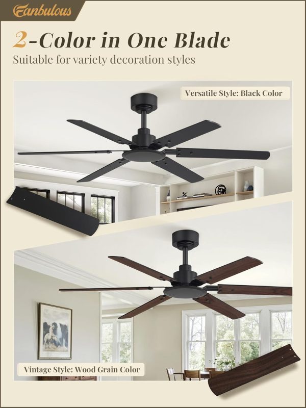 Ceiling Fan No Light, 48 Inch Indoor/Outdoor 6 Blades Ceiling Fan with Remote, 6-Speeds, Quiet Reversible DC Motor, Fans Without Light for Tilted Ceiling/Bedroom/Living Room/Patios, 2 Pack
