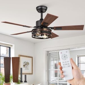71NjM-YvsuL._AC_SL1500_.jpg Farmhouse Ceiling Fans with Light, 42 Inch Bedroom Ceiling Fan with Lights, 6-Speed Adjustable, Quiet and Reversible DC Motor, Dual Finish 5 Blades, Rustic Caged Ceiling Fan for Living Room