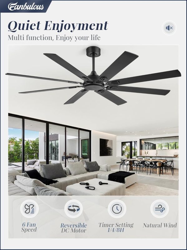 72 Inch Ceiling Fans No Light with Remote, Modern Ceiling Fan Without Light, Dual Finish 8 Blades, Reversible Quiet DC Motor, 6 Speed, Large Ceiling Fan for Indoor or Covered Outdoor, Black