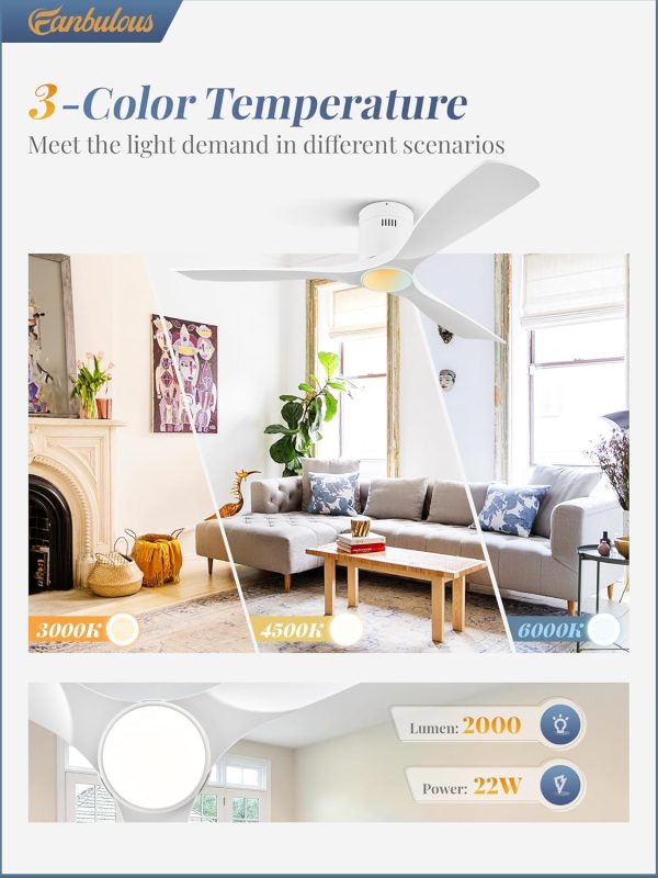 Ceiling Fans with Lights and Remote Control,Modern Flush Mount Ceiling Fan with 3 LED Colors,Outdoor Low Profile Ceiling Fans with 6-Speeds Timer DC Motor for Bedroom Living Room Patio