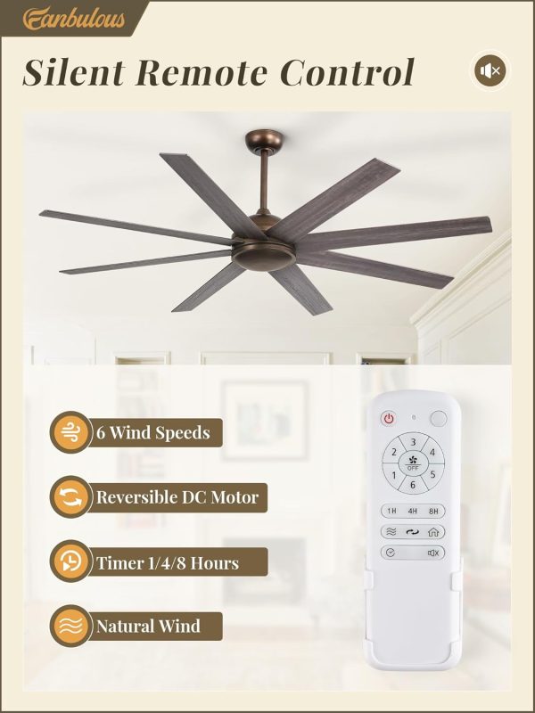 65 Inch Ceiling Fans No Light with Remote, Bronze Indoor/Outdoor Ceiling Fan Without Light with Quiet Reversible DC Motor, 6 Speeds, 8 Blades Large Ceiling Fan for Living Room Bedroom Patio