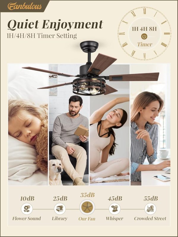 Farmhouse Ceiling Fans with Light, 42 Inch Bedroom Ceiling Fan with Lights, 6-Speed Adjustable, Quiet and Reversible DC Motor, Dual Finish 5 Blades, Rustic Caged Ceiling Fan for Living Room