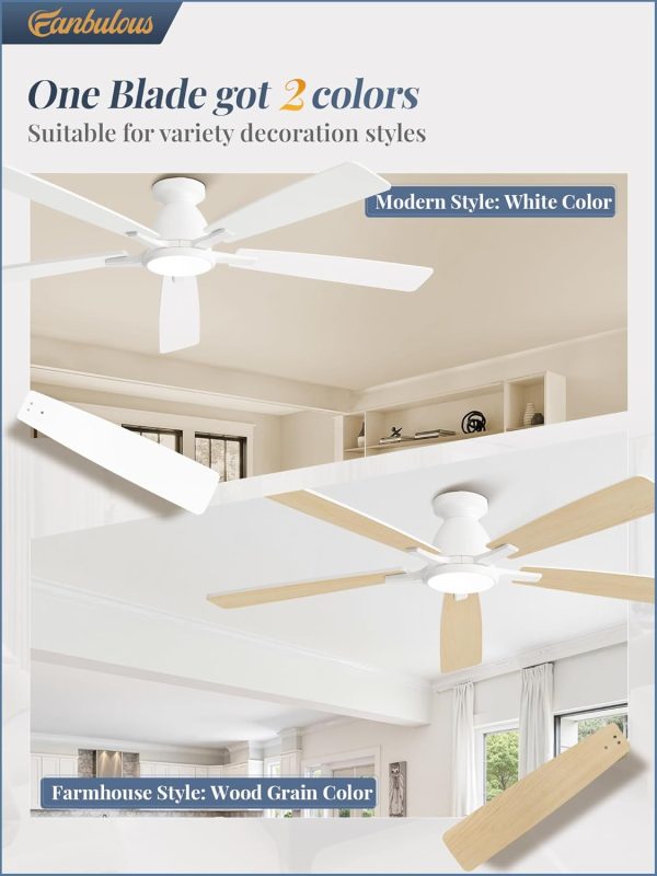 60 inch Ceiling Fans with Lights, Smart Flush Mount Ceiling Fan and Remote APP, Modern Low Profile, 3CCT 20W LED with 6-Speeds Quiet Reversible Motor for Bedroom, Living Room, Kitchen, White