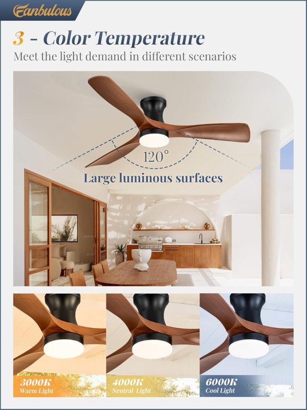 52 Inch Ceiling Fans with Lights and Remote, 3 Blades Flush Mount Low Profile Ceiling fan, Efficient 3475 CFM, Safe ABS, Timer, Quiet 35dB, 3CCT, Reversible for Bedroom Living Room, Walnut