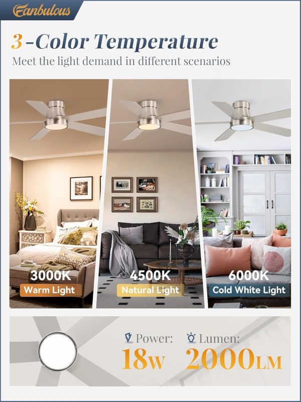 48 Inch Ceiling Fans with Lights and Remote,Outdoor Indoor Modern Flush Mount Ceiling Fan with 3CCT 6-Speed Quiet DC Motor,Small Low Profile Ceiling Fan for Bedroom Living Room Office(Nickel)