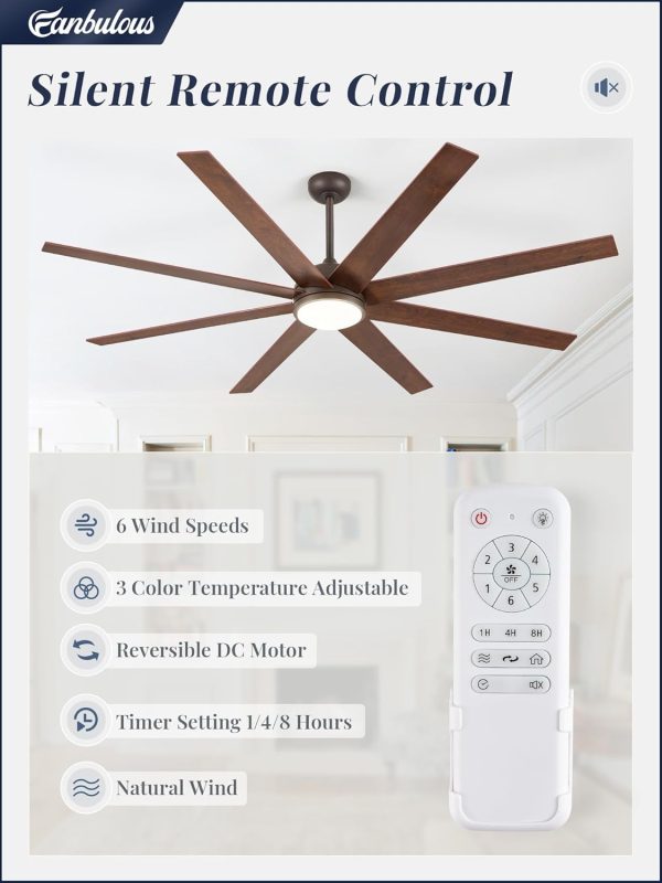 74 Inch Ceiling Fans with Lights and Remote, Walnut Indoor/Outdoor Ceiling Fan with Quiet Reversible DC Motor, 6 Speeds, 3CCT, 8 Blades Large Ceiling Fan for Living Room Bedroom Patio