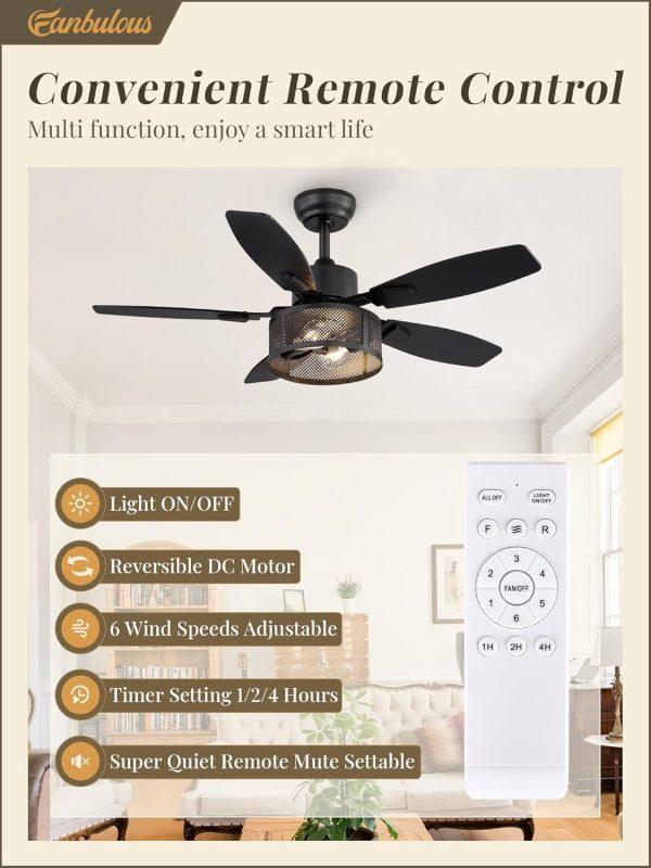 Farmhouse Ceiling Fans with Lights and Remote, 42 Inch Industrial Black Caged Ceiling Fans for Living Room Bedroom Kitchen, 6 Speed Reversible Quiet DC Motor, Dual Finish 5 Blades