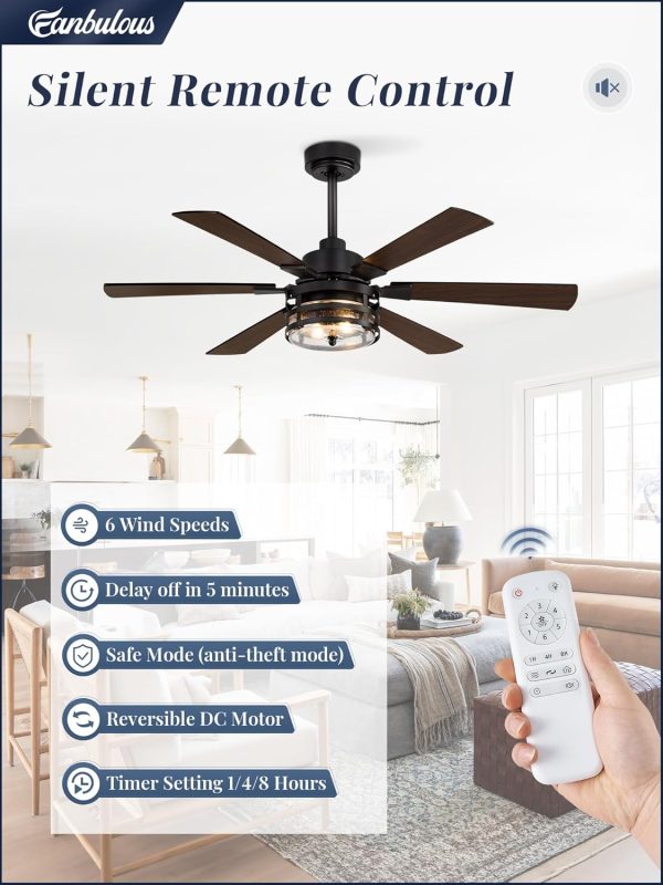 Farmhouse Ceiling Fans with Lights and Remote,Industrial Large Ceiling Fan with 6-Speed Reversible DC Motor and 6 Dual Finish Blades,Black Ceiling Fan with Light for Living bedroom Patio