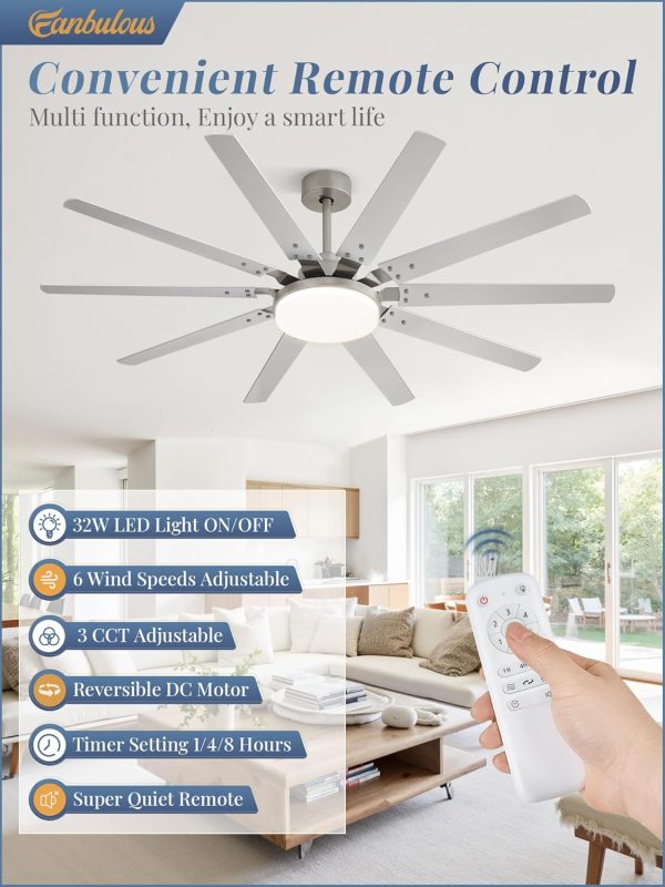 65 inch Large Brushed Nickel Modern Ceiling Fans with Lights and Remote, Indoor/Outdoor Ceiling Fan with 10 Blades, 32W LED light 3 CCT, 6 Speed Reversible Quiet DC Motor, Dual Finish Blades