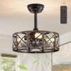 16in Caged Ceiling Fans with Lights and Remote, Black Fandelier Ceiling Fan with 6 Speeds and Timing, Farmhouse Samll Fan Lights Ceiling Fixtures For Kitchen, Bedroom, Outdoor-Black and Gold