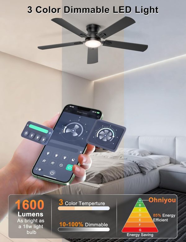 Ceiling Fans with Lights, 52 Inch Low Profile Ceiling Fan with Light and Remote/APP Control, Flush Mount, Dimmable, Qiuet DC Motor, Black Ceiling Fan for Bedroom, Living Room