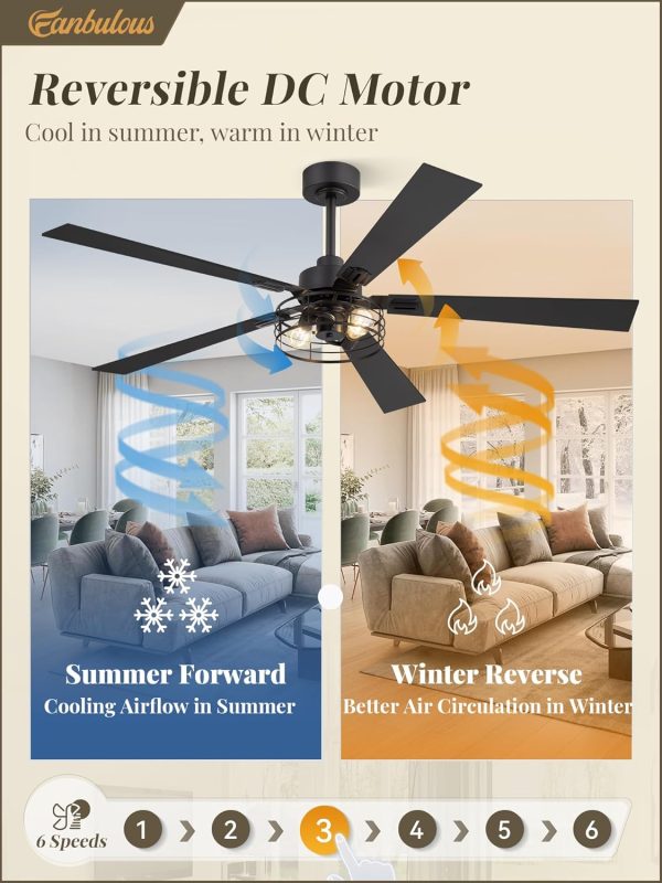 1 Pack Farmhouse 60 Inch Ceiling Fans with Lights, Black Industrial Caged Ceiling Fans for Bedroom Living Room, Double-Sided 5 Blades Rustic Ceiling Fan-Black