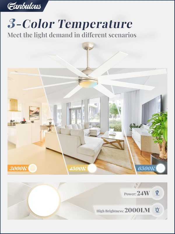 Ceiling Fans with Lights, 72 inch Large Ceiling Fan with Light and Remote, Champaign Gold Ceiling Fan for Living Room Patio, 6 Speeds, Reversible Quiet DC Motor, 3 CCT, Bi-color 8 Blades