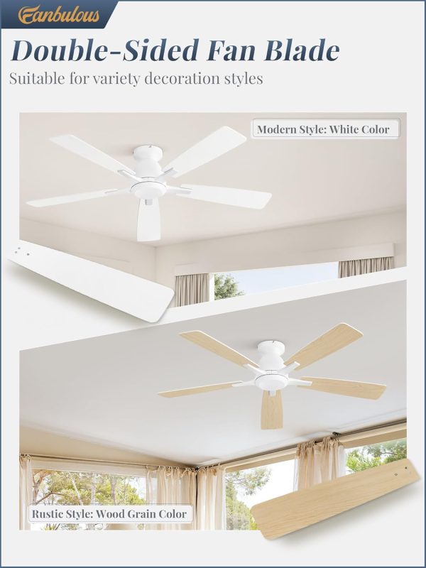 52 Inch Flush Mount Ceiling Fan No Light with Remote,White Modern Low Profile Ceiling Fan Without Light,6-Speeds,Quiet Reversible DC Motor,Indoor&Outdoor Ceiling Fans for Bedroom,Living Room