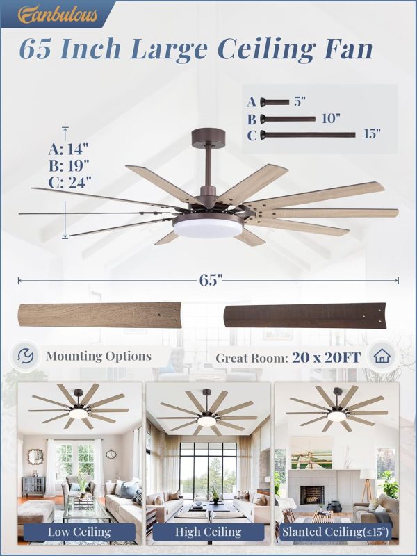 65 inch Large Oil Rubbed Bronze Ceiling Fans with Lights and Remote, Indoor/Outdoor Farmhouse Ceiling Fan with 10 Blades, 32W LED Light 3 CCT, 6 Speed Reversible Quiet DC Motor, Dual Finish Blades