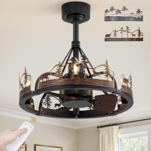 20 Inch Farmhouse Rustic Ceiling Fan with Light and Remote, Black Chandelier Fan with Bear and Deer Design,Summer Sand Beach Design,Rustic Chandeliers for Living Room, Bedroom