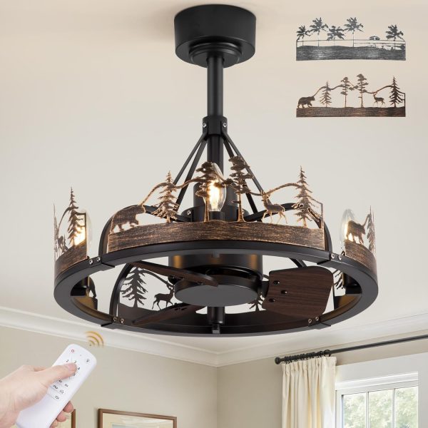 20 Inch Farmhouse Rustic Ceiling Fan with Light and Remote, Black Chandelier Fan with Bear and Deer Design,Summer Sand Beach Design,Rustic Chandeliers for Living Room, Bedroom