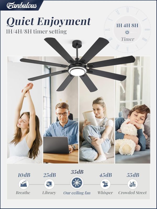 65 Inch Ceiling Fans with Lights and Remote, Black Ceiling Fan with 8 Dual-Color Blades, Indoor/Outdoor Large Ceiling Fans, Reversible DC Motor, 6-Speed, 3CCT for Living Room Kitchen Patio