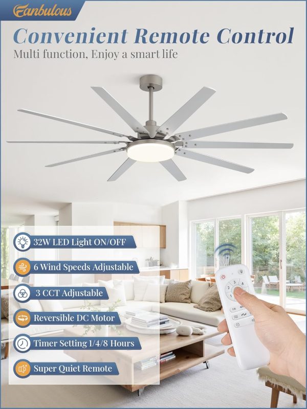 72 inch Large Brushed Nickel Modern Ceiling Fans with Lights and Remote, Indoor/Outdoor Ceiling Fan with 10 Blades, 32W LED light 3 CCT, 6 Speed Reversible Quiet DC Motor, Dual Finish Blades