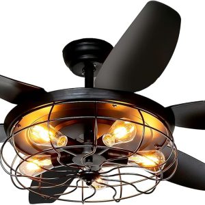 Ceiling Fans with Lights and Remote - 52 Inch Farmhouse Ceiling Fan with Caged Light Fixture - Black Industrial Outdoor Ceiling Fan Lights for Patio, Living Room, Kitchen & Bedroom