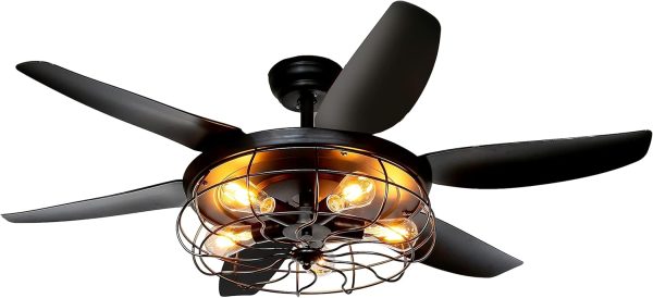 Ceiling Fans with Lights and Remote - 52 Inch Farmhouse Ceiling Fan with Caged Light Fixture - Black Industrial Outdoor Ceiling Fan Lights for Patio, Living Room, Kitchen & Bedroom