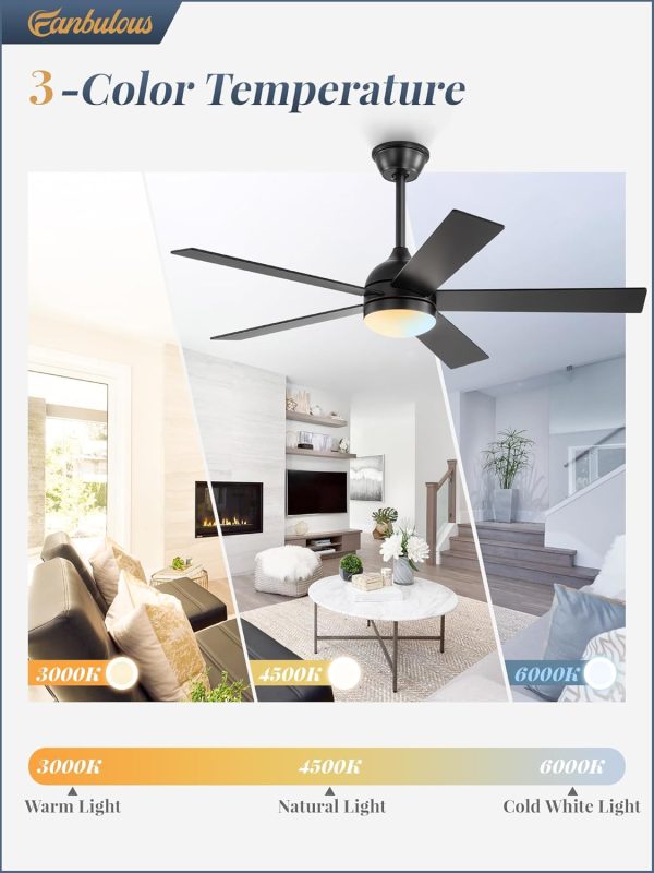 48 Inch Ceiling Fan with Light and Remote, Black Ceiling Fans with Light, 5 Dual-Color Blades, Reversible Quiet DC Motor, 6 Speeds, 3CCT Adjustable LED for Bedroom Living Room Kitchen Patio