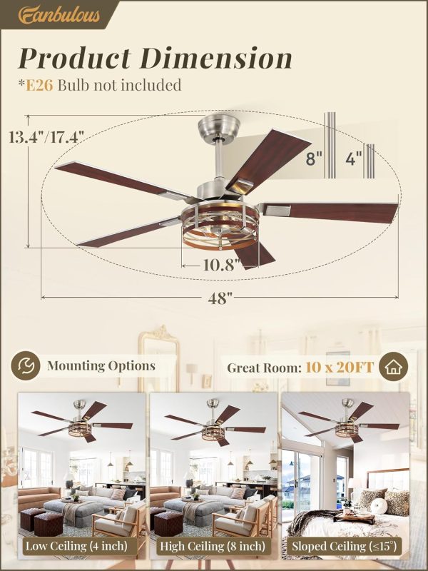 Farmhouse Ceiling Fans with Light, 48 Inch Bedroom Ceiling Fan with Lights, 6-Speed Adjustable, Quiet and Reversible DC Motor, 5 Dual Finish Blades, Rustic Caged Ceiling FanBrushed Nickel