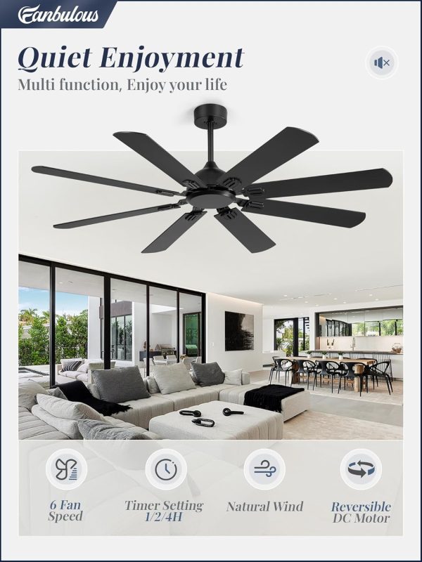 62 Inch Ceiling Fans No Light with Remote, Modern Ceiling Fan Without Light, Dual Finish 8 Blades, Reversible Quiet DC Motor, 6 Speed, Large Ceiling Fan for Indoor or Covered Outdoor, Black