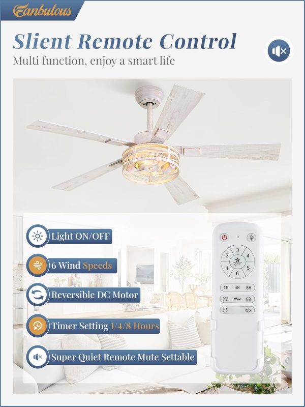 Farmhouse Ceiling Fans with Light, 48 Inch Bedroom Ceiling Fan with Lights, 6-Speed Adjustable, Quiet and Reversible DC Motor, 5 Dual Finish Blades, Rustic Caged Ceiling FanWhite and Gold Color