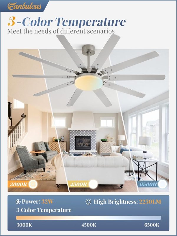 65 inch Large Brushed Nickel Modern Ceiling Fans with Lights and Remote, Indoor/Outdoor Ceiling Fan with 10 Blades, 32W LED light 3 CCT, 6 Speed Reversible Quiet DC Motor, Dual Finish Blades